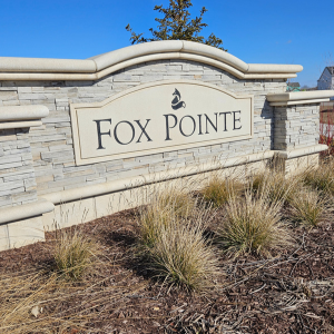 Welcoming sign for Fox Pointe subdivision